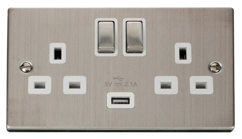 Scolmore VPSS570WH - Victorian Stainless Steel 13A 2G Ingot Switched Socket With 2.1A USB Outlet (Twin Earth) - White Deco Scolmore - Sparks Warehouse
