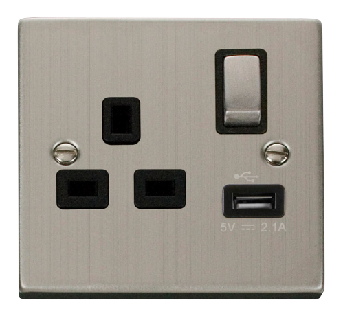 Scolmore VPSS571BK - 13A 1G Ingot Switched Socket With 2.1A USB Outlet - Black Deco Scolmore - Sparks Warehouse