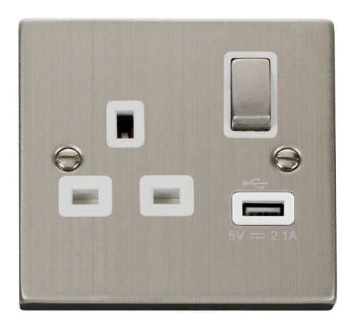 Scolmore VPSS571WH - 13A 1G Ingot Switched Socket With 2.1A USB Outlet - White Deco Scolmore - Sparks Warehouse