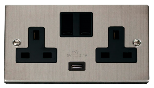 Scolmore VPSS770BK - 13A 2G Switched Socket With 2.1A USB Outlet (Twin Earth) - Black Deco Scolmore - Sparks Warehouse