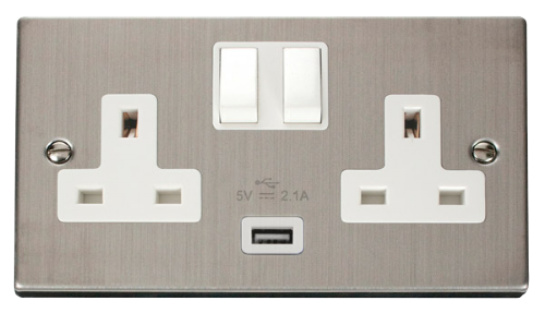 Scolmore VPSS770WH - 13A 2G Switched Socket With 2.1A USB Outlet (Twin Earth) - White Deco Scolmore - Sparks Warehouse