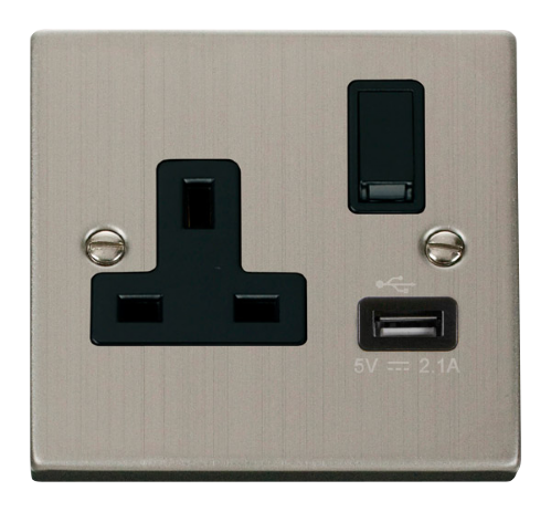 Scolmore VPSS771BK - Steel 13A 1G Switched Socket With 2.1A USB Outlet - Black Deco Scolmore - Sparks Warehouse
