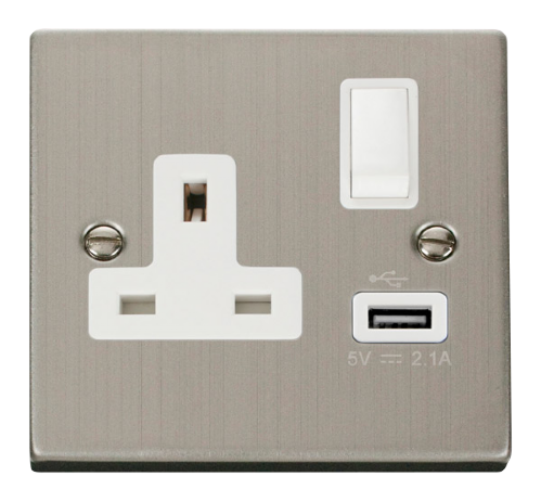 Scolmore VPSS771WH - 13A 1G Switched Socket With 2.1A USB Outlet - White Deco Scolmore - Sparks Warehouse