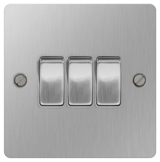 BG SBS43 Brushed Steel 10A Plate Switch  3 Gang 2 Way - BG - sparks-warehouse