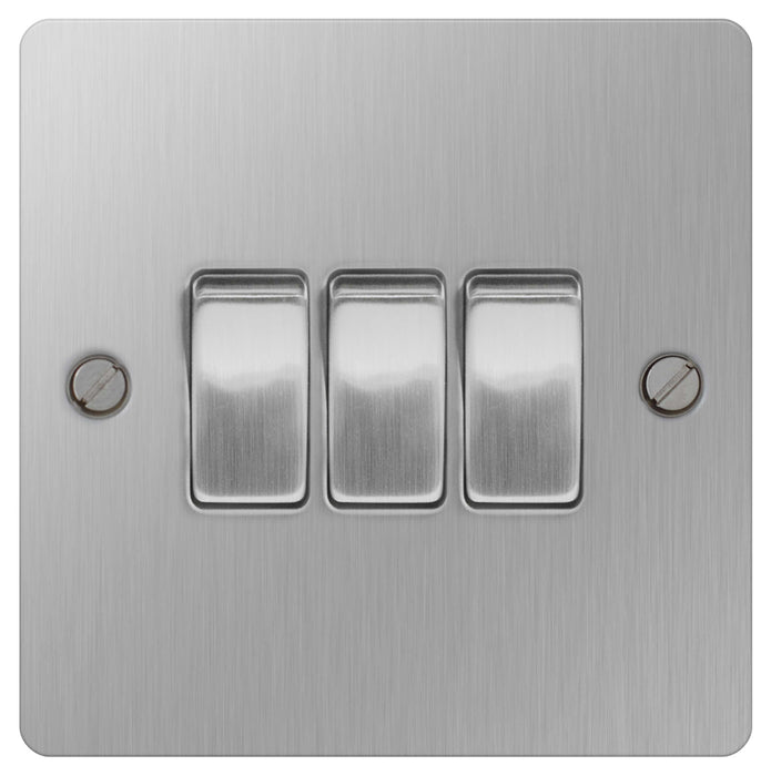 BG SBS43 Brushed Steel 10A Plate Switch  3 Gang 2 Way - BG - sparks-warehouse