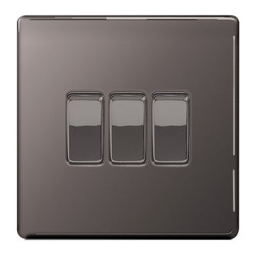 BG Nexus FBN43 Screwless Flat Plate Black Nickel 10A 3G 2 Way Plate Switch - BG - sparks-warehouse