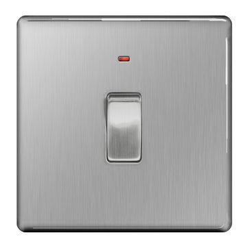 BG FBS31 Screwless Flat Plate Brushed Steel 20A 1 Gang Double Pole Switch With Power Indicator - BG - sparks-warehouse