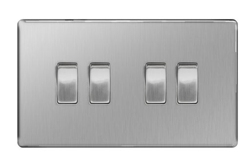 BG FBS44 Screwless Flat Plate Brushed Steel 10A 4 Gang 2 Way Plate Switch - BG - sparks-warehouse