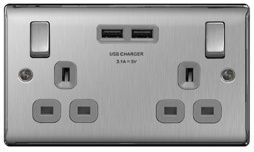 BG Nexus NBS22U3G Brushed Steel 2 Gang Switched Socket With USB Outlets BG Nexus Metal - Brushed Steel BG - Sparks Warehouse