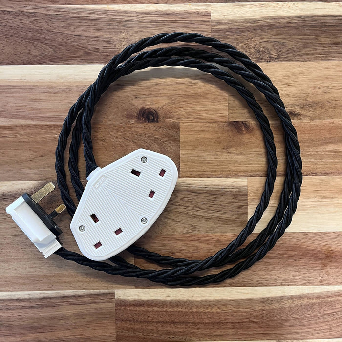 White / Grey / Black Braided Fabric Decorative Extension Lead - 2 Gang White Trailing Socket