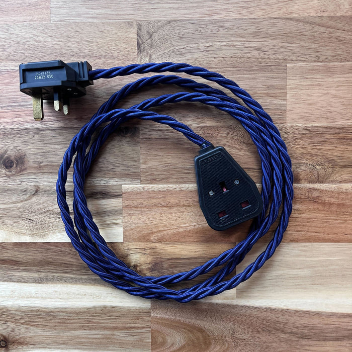 Blue / Purple Braided Fabric Decorative Extension Lead - Black 1 Gang Trailing Socket