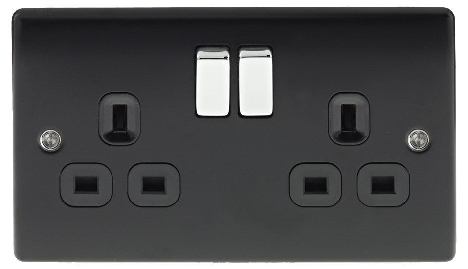 BG Nexus NMB22B Metal Matt Black & Chrome Double Plug Socket Switched - 2 Gang - BG - Sparks Warehouse