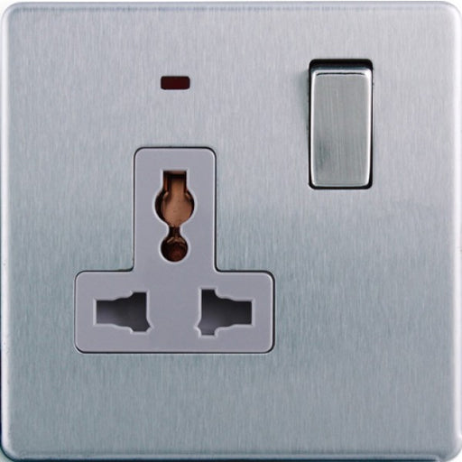 BG FBS27LG Screwless Flat Plate Brushed Steel 1 Gang Universal Switched Socket Grey Insert - BG - sparks-warehouse