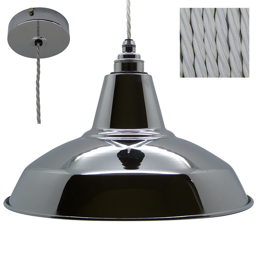 OLLY Industrial Shade Pendant Set 1mtr. Chrome Shade, Chrome Rose, Twisted White Flex Pendant Lights Lampfix - Sparks Warehouse