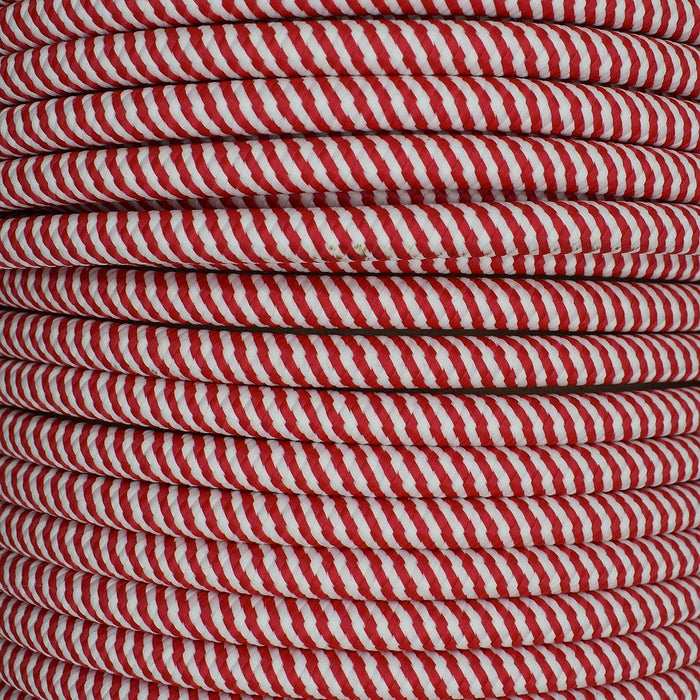 01034 Round Braided Flex 3 core 0.75mm Red/White Spiral, mtr - Lampfix - Sparks Warehouse