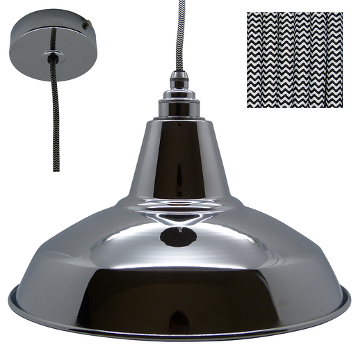 STEVE Industrial Shade Pendant Set 1mtr. Chrome Shade, Chrome Rose, Round Black/White Zigzag Flex Pendant Lights Lampfix - Sparks Warehouse