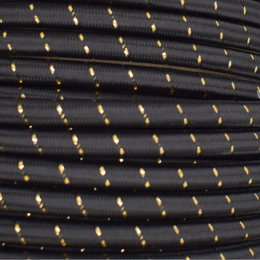 01028 Round Braided Flex 3 core 0.75mm Black with Gold Fleck, mtr - Lampfix - Sparks Warehouse