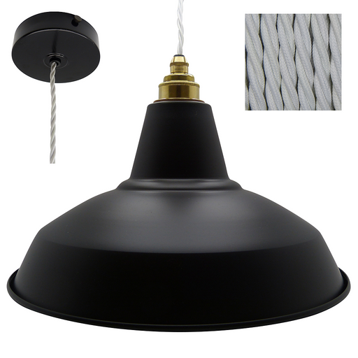ROD Industrial Shade Pendant Set 1mtr. Black Shade, Black Rose, Twisted White Flex Pendant Lights Lampfix - Sparks Warehouse