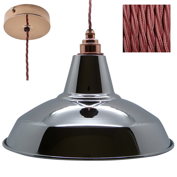 GEORGE Industrial Shade Pendant Set 1mtr. Chrome Shade, Copper Rose, Twisted Rose Pink Flex - Lampfix - Sparks Warehouse
