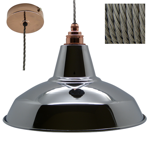 CHARLIE Industrial Shade Pendant Set 1mtr. Chrome Shade, Copper Rose, Twisted Grey Flex - Lampfix - Sparks Warehouse