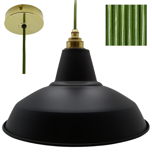 FRED Industrial Shade Pendant Set 1mtr. Black Shade, Brass Rose, Round Cyprus Green Flex - Lampfix - Sparks Warehouse