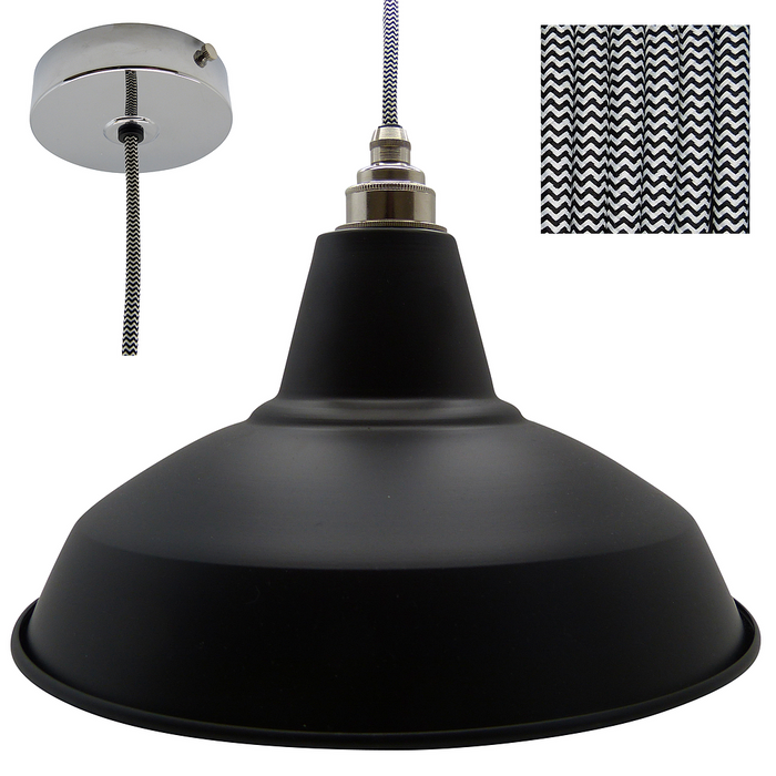 DAN Industrial Shade Pendant Set 1mtr. Black Shade, Nickel Rose, Round Black/White Zigzag Flex - Lampfix - Sparks Warehouse