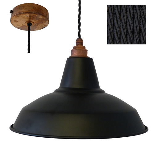 PETE Industrial Shade Pendant Set 1mtr. Black Shade, Rustic Rose, Twisted Black Flex Pendant Lights Lampfix - Sparks Warehouse