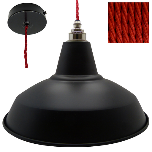 BERT Industrial Shade Pendant Set 1mtr. Black Shade, Black Rose, Twisted Red Flex - Lampfix - Sparks Warehouse