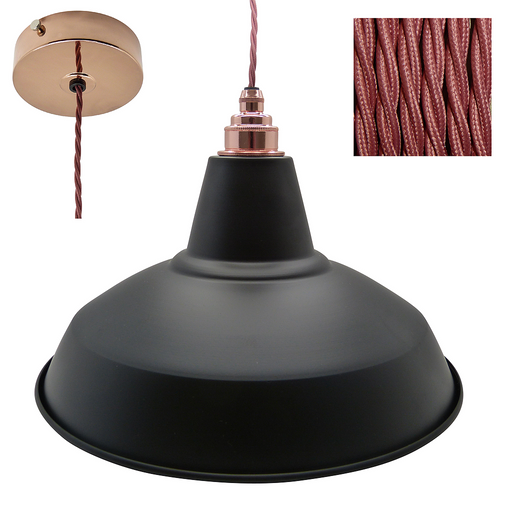 SAM Industrial Shade Pendant Set 1mtr. Black Shade, Copper Rose, Twisted Rose Pink Flex Pendant Lights Lampfix - Sparks Warehouse