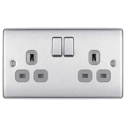 BG Nexus NBS22G 2 Gang Brushed Steel 13A Socket - Grey Inserts BG Nexus Metal - Brushed Steel BG - Sparks Warehouse