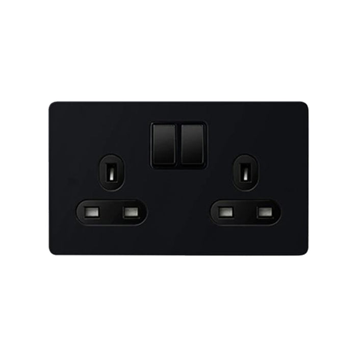 Caradok Matt Black Metal Screwless 2 Gang Plug Socket - Black Inserts