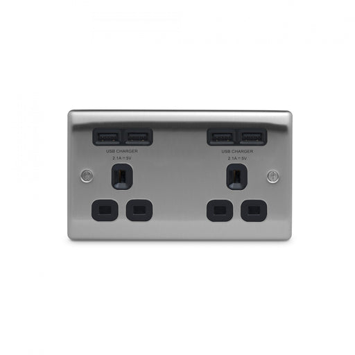 BG Nexus NBS24U44B 2G 13A Brushed Steel Socket 4 x USB 2.1A  Black Inserts - BG - Sparks Warehouse