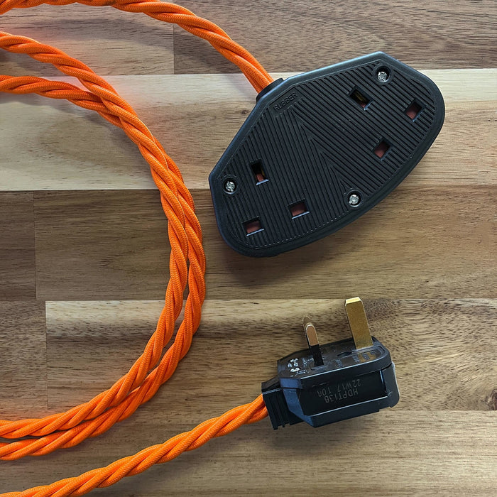 Red / Pink / Orange Braided Fabric Decorative Extension Lead - Black 2 Gang  Trailing Socket