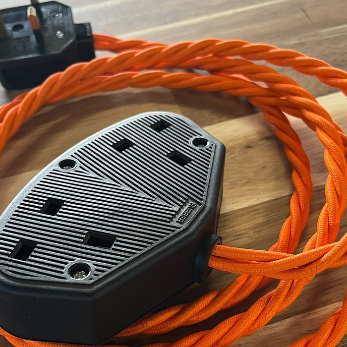 Red / Pink / Orange Braided Fabric Decorative Extension Lead - Black 2 Gang  Trailing Socket