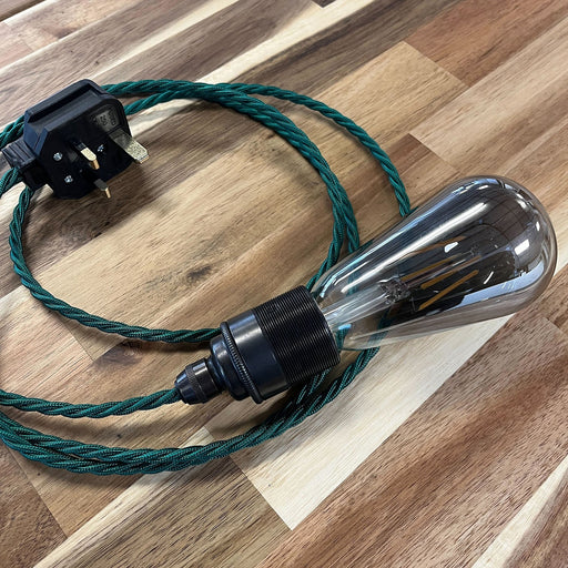 Green Plug-in Fabric Pendant - Twisted Fabric Flex - E27 Bulb Pendant - Black Plug Caradok - Sparks Warehouse