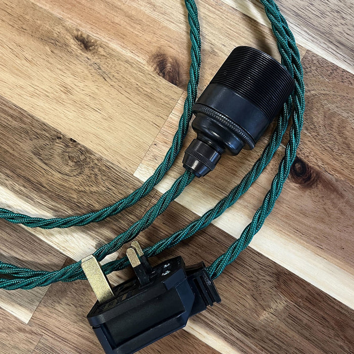 Green Plug-in Fabric Pendant - Twisted Fabric Flex - E27 Bulb Pendant - Black Plug Caradok - Sparks Warehouse