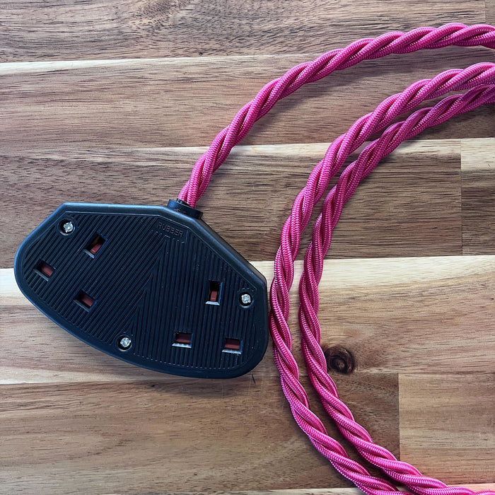 Red / Pink / Orange Braided Fabric Decorative Extension Lead - Black 2 Gang  Trailing Socket