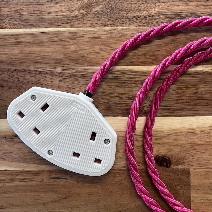 Pink Braided Fabric Decorative Extension Lead - 2 Gang White Trailing Socket