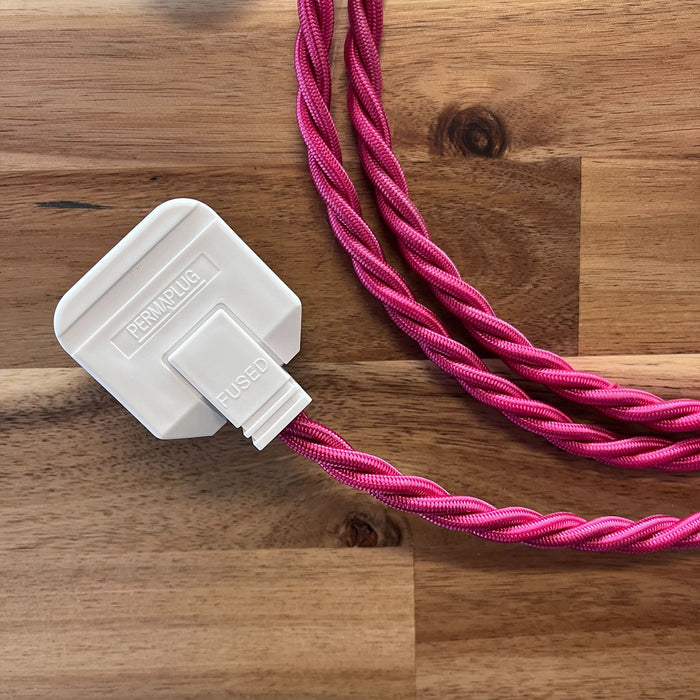 Pink Braided Fabric Decorative Extension Lead - 2 Gang White Trailing Socket