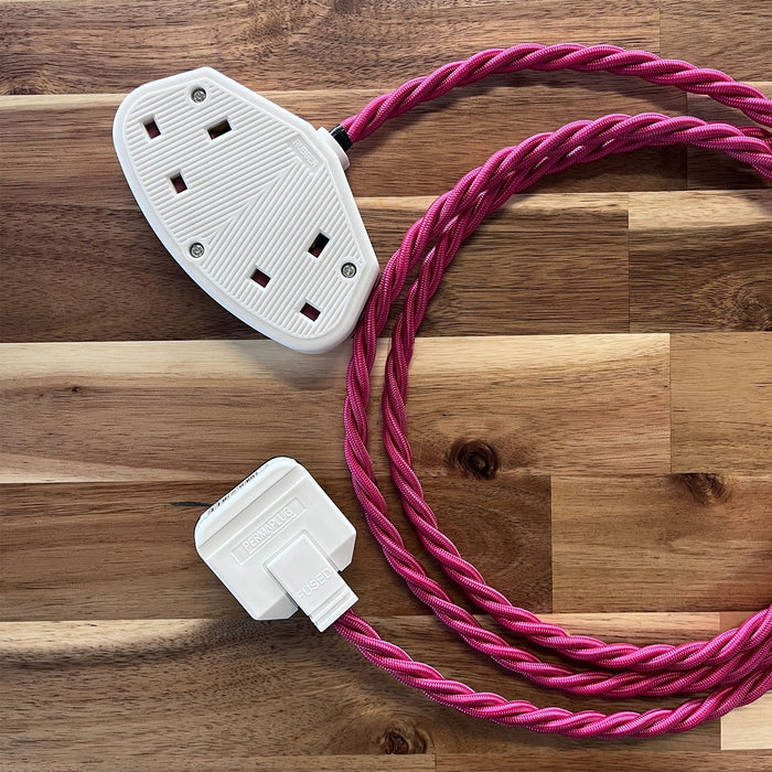 Pink Braided Fabric Decorative Extension Lead - 2 Gang White Trailing Socket