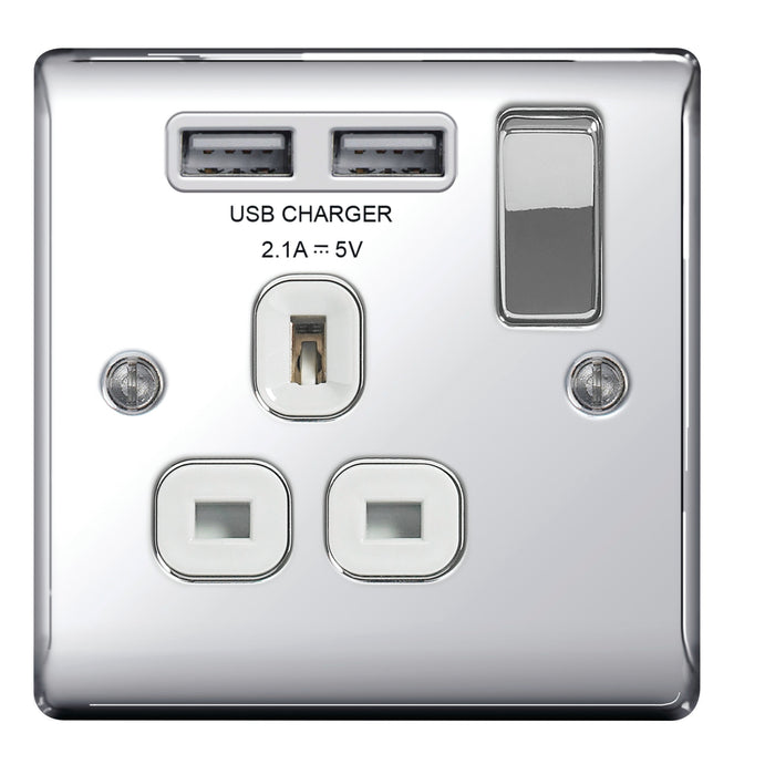 BG Nexus NPC21U2W Polished Chrome 13A 1G Socket with White Insert and 2 USB - BG - Sparks Warehouse