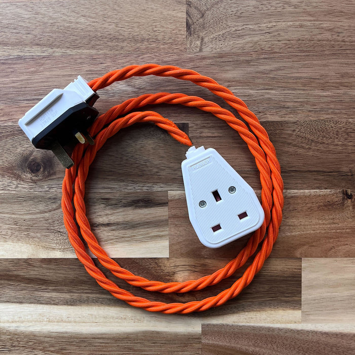 Orange / Pink / Red Braided Fabric Decorative Extension Lead - White 1 Gang Trailing Socket