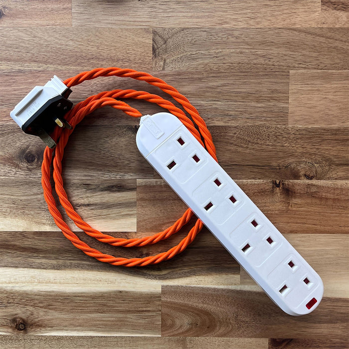 Orange / Pink / Red Braided Fabric Decorative Extension Lead - White 4 Gang Trailing Socket