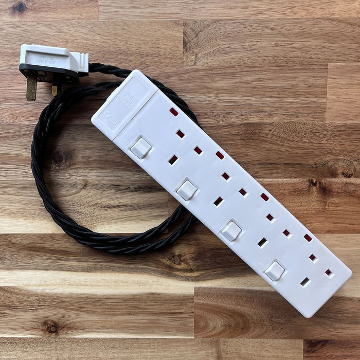 Black / Grey / White Braided Fabric Decorative Extension Lead - White 4 Gang Switched Trailing Socket
