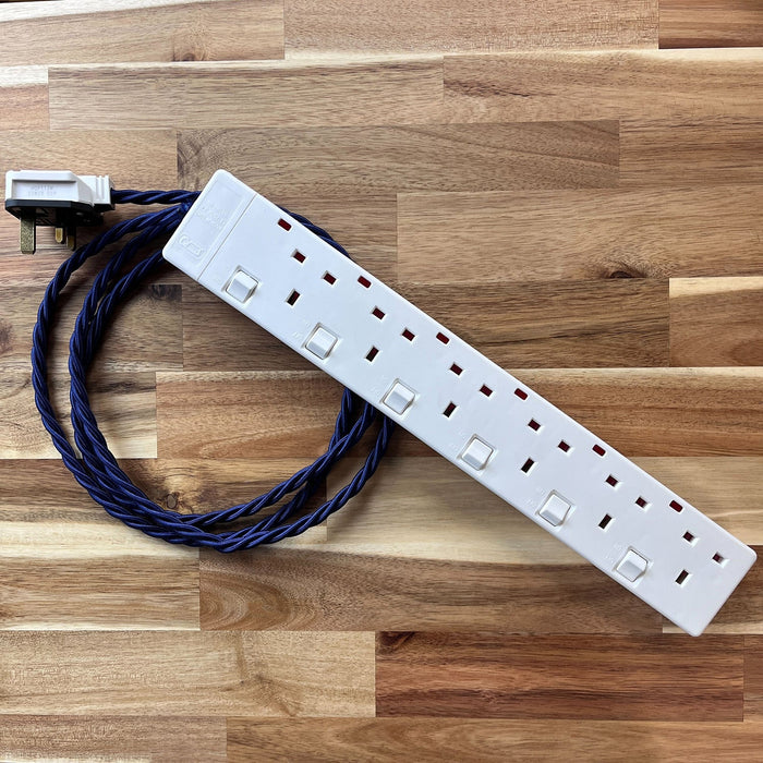Blue / Purple Braided Fabric Decorative Extension Lead - White 6 Gang Switched Trailing Socket
