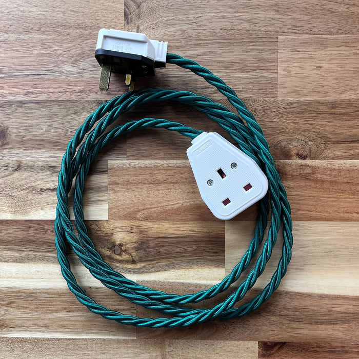 Green Braided Fabric Decorative Extension Lead - White 1 Gang Trailing Socket