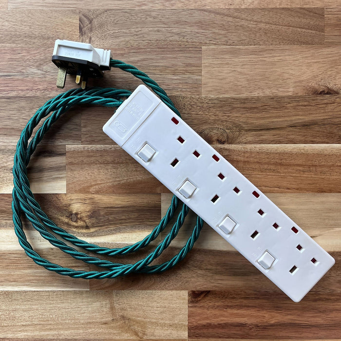 Green Braided Fabric Decorative Extension Lead - White 4 Gang Switched Trailing Socket