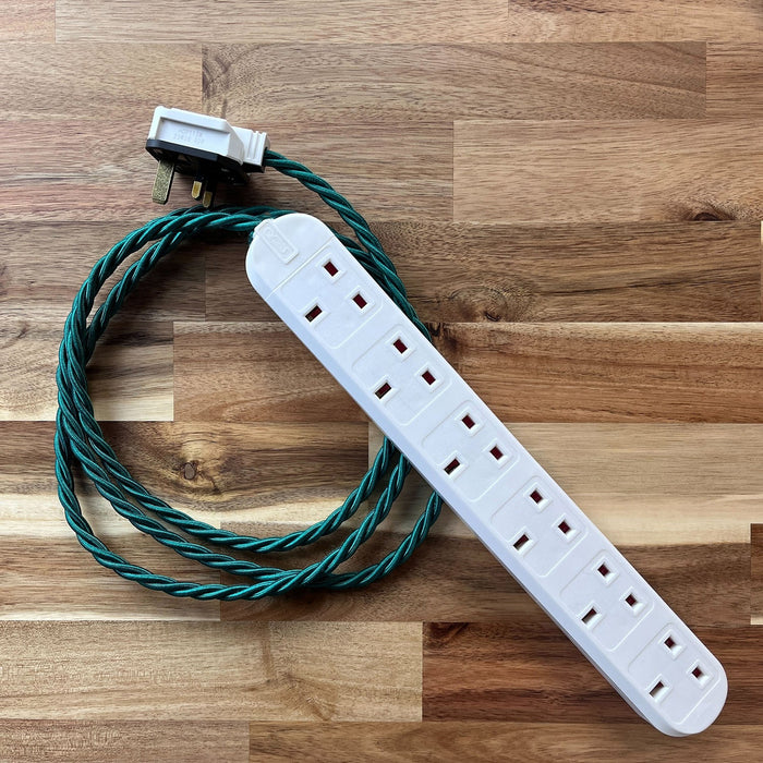 Green Braided Fabric Decorative Extension Lead - White 6 Gang Trailing Socket