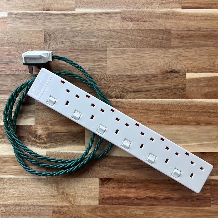 Green Braided Fabric Decorative Extension Lead - White 6 Gang Switched Trailing Socket