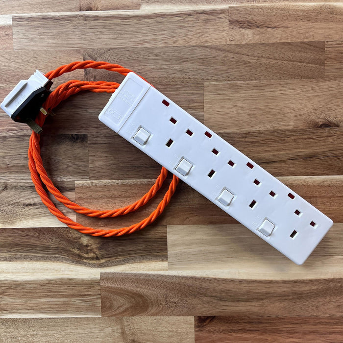 Orange / Pink / Red Braided Fabric Decorative Extension Lead - White 4 Gang Switched Trailing Socket